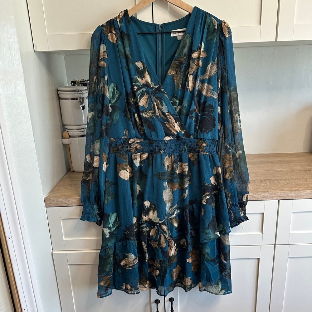 Harper Rose Floral Mini Dress Womens 12 Teal Long Sleeve Smocked Tiered Chiffon - Picture 2 of 9